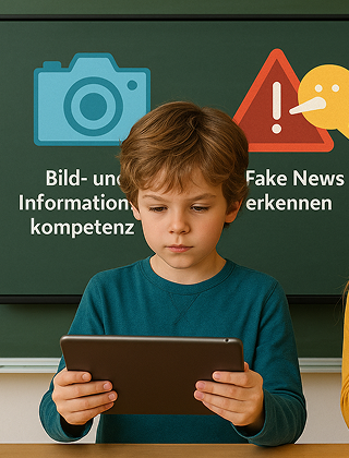 Junge arbeitet konzentriert mit einem iPad im Grundschulunterricht.