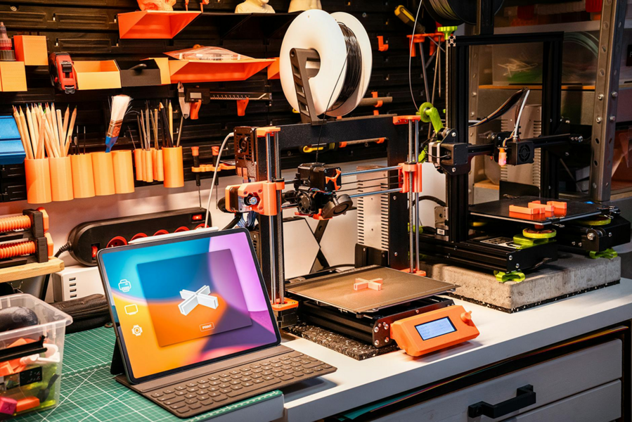 Makerspace mit mehreren 3D-Druckern, Laptop und kreativen Arbeitsmaterialien.
