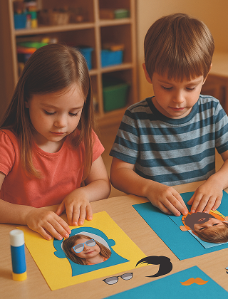 Zwei Kindergartenkinder arbeiten gemeinsam an einem Bastelprojekt.