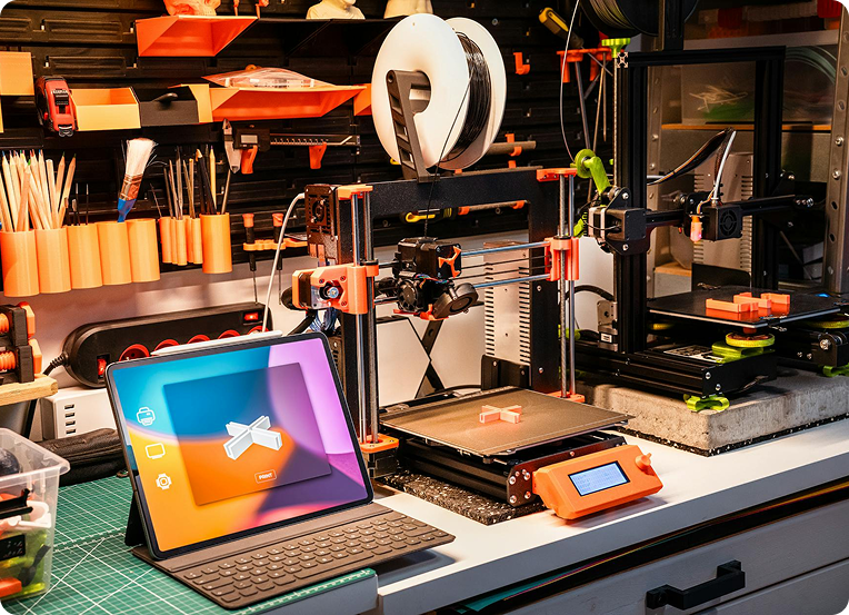Makerspace mit mehreren 3D-Druckern, Laptop und kreativen Arbeitsmaterialien.